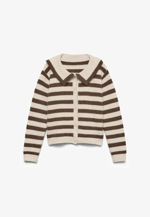 Cardigan a righe marroni e avorio con ampio colletto, texture morbida, chiusura con bottoni e maniche lunghe.