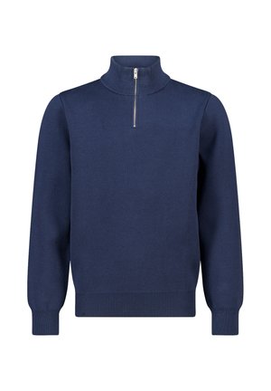 Pull en maille bleu marine avec un col haut et un demi-glissière. Dispose de poignets et d'un ourlet côtelés, fabriqué dans un matériau doux et texturé.