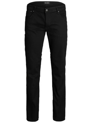 Black denim jeans with a straight-leg design, featuring a button closure, five pockets, and minimal stitching details.