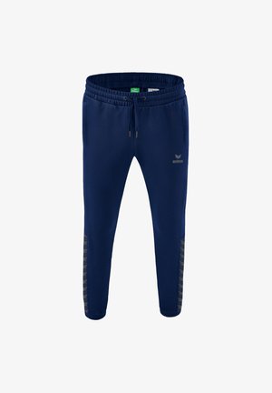 Marineblaue Sport-Jogginghosen aus weichem Material, mit elastischem Bund, Kordelzug und kontrastierenden Seitenakzenten.
