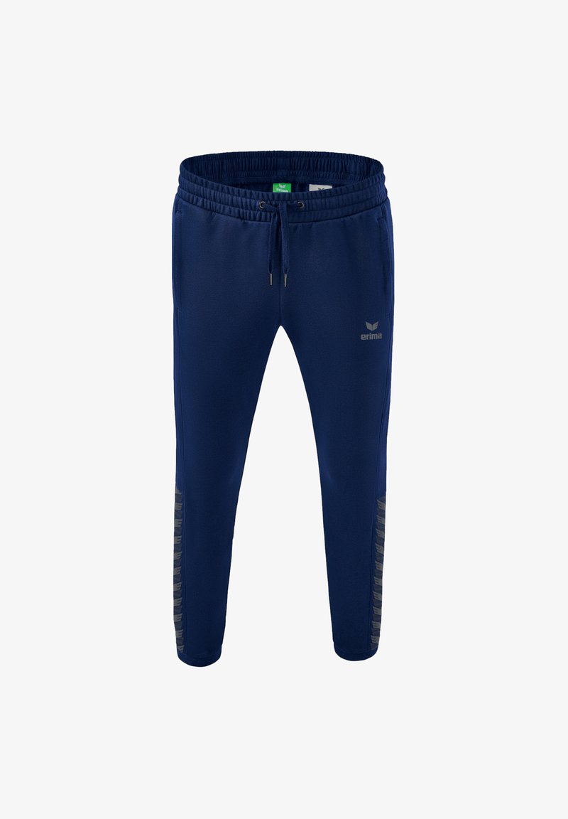 Marineblaue Sport-Jogginghosen aus weichem Material, mit elastischem Bund, Kordelzug und kontrastierenden Seitenakzenten.