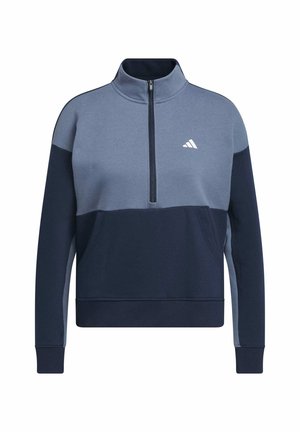 Blaues und marineblaues Zip-Up-Sweatshirt mit hohem Kragen, langen Ärmeln, einer Fronttasche und weißem Logo auf der Brust; glatte Textur und Farbblockdesign.