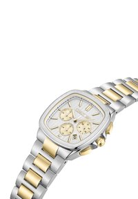 Orologio in acciaio inossidabile argento e oro con cassa quadrata, quadrante argento testurizzato, tre sotto-quadranti e display della data alle 6.