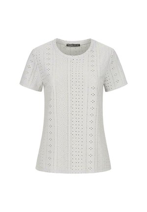 Short-sleeve, round-neck t-shirt made of light gray patterned fabric. Features eyelet designs with vertical lines and small diamond accents.