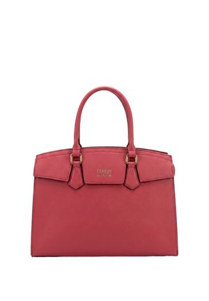 Borsa a mano in pelle rossa con due manici arrotondati e ferramenta color oro, forma rettangolare, pattina frontale con nome del marchio impresso al centro.