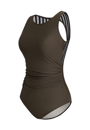 Maillot de bain une pièce vert olive avec une coupe ajustée, doté de panneaux latéraux en résille et d'une texture froncée à la taille pour une silhouette flatteuse.
