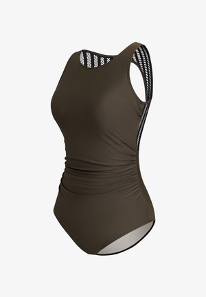 Maillot de bain une pièce vert olive avec une coupe ajustée, doté de panneaux latéraux en résille et d'une texture froncée à la taille pour une silhouette flatteuse.