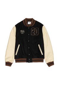 Μαύρο και κρεμ varsity μπουφάν με καφέ λεπτομέρειες, με κούμπωμα με κουμπιά μπροστά, κεντημένο "20" και πλαϊνές τσέπες.
