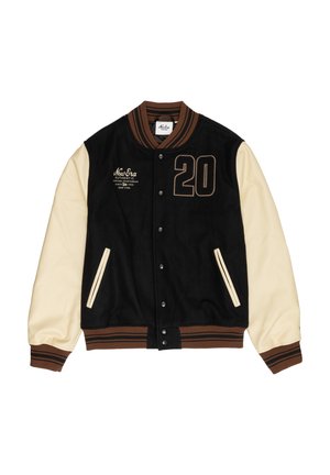 Svart og kremfarget varsityjakke med brune detaljer, med trykknappelukking foran, brodert "20" og sidelommer.