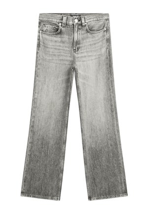 Jeans in denim grigio chiaro con taglio dritto, cinque tasche e chiusura con bottone. Presentano una texture sbiadita e cuciture a contrasto.