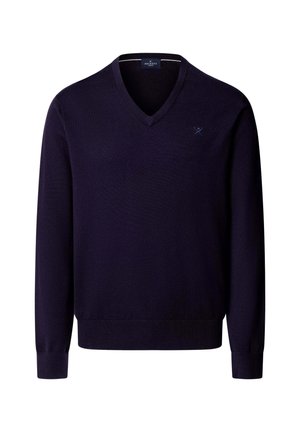 Maglione blu navy a scollo a V con maniche lunghe, polsini e orlo a costine, con un piccolo logo ricamato sul petto sinistro.