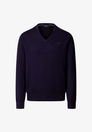 Maglione blu navy a scollo a V con maniche lunghe, polsini e orlo a costine, con un piccolo logo ricamato sul petto sinistro.
