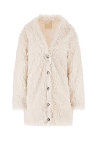 Creme kleurig vest van namaakbont met een V-hals, lange mouwen en zes decoratieve knopen aan de voorkant. Zachte textuur en een comfortabele pasvorm.