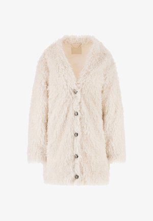 Kunstpelz-Creme-Cardigan mit V-Ausschnitt, langen Ärmeln und sechs dekorativen Knöpfen vorne. Weiche Textur und lässige Passform.