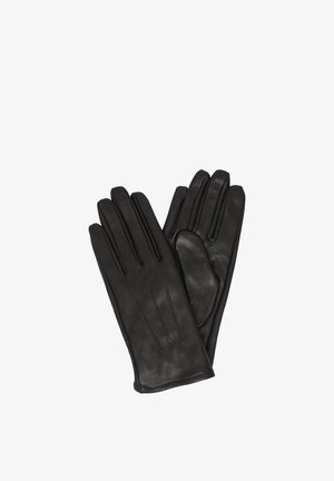 Zwarte leren handschoenen met een gladde textuur, voorzien van een ontwerp met vijf vingers en decoratieve stikdetails aan de achterkant.