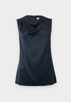 Haut sans manches en satin noir avec encolure drapée et fermeture éclair au dos, présenté sur fond blanc uni.