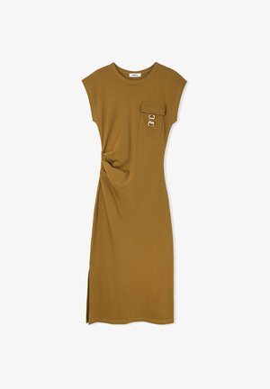 Olive green dress made of soft cotton. Features a round neckline, short sleeves, side ruching, a front pocket, and gold hardware accents.