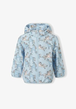 Veste à capuche pour enfants de couleur bleu clair avec fermeture éclair, ornée d'un motif répétitif de licornes pastel roses et bleues.