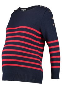 Marineblauer Strickpullover mit roten horizontalen Streifen, versehen mit Schulterknopf-Akzenten sowie gerippten Bündchen und Saum.