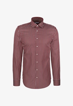 Camicia uomo a maniche lunghe con bottoni, con sottili strisce verticali bianche su sfondo rosso scuro e colletto a punta.