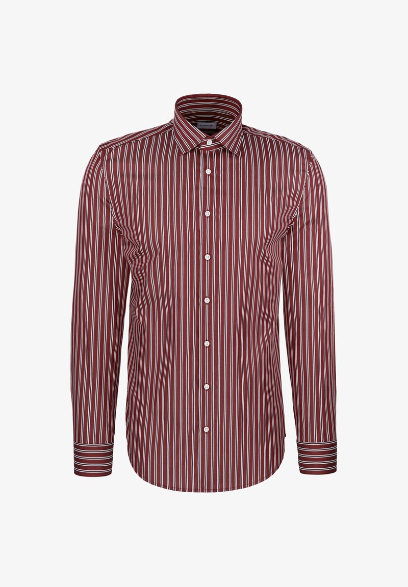 Chemise homme à manches longues boutonnée avec fines rayures verticales blanches sur fond rouge foncé et col pointu.