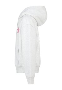 Hoodie grigio chiaro realizzato in materiale morbido, con un ampio cappuccio, maniche lunghe e un accento a forma di stella rosa sulla spalla sinistra.