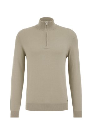 Beige knit sweater with a high collar and half-zip. Long sleeves and ribbed cuffs and hem. Soft texture. No visible patterns or accents.