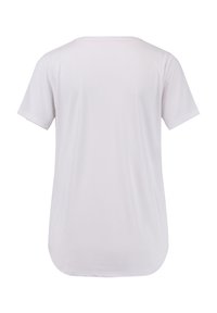 Lichtroze T-shirt met korte mouwen, een ronde halslijn en een gebogen zoom. Gemaakt van zachte, gladde stof zonder zichtbare patronen of versieringen.