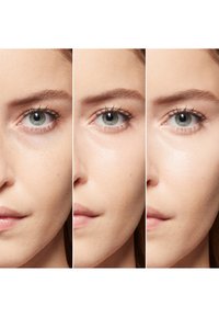 Tre side-om-side nærbilledeportrætter af et ansigt, der viser forskellige hudteksturer og hudtoner, med fokus på glathed og klarhed.