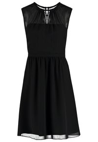 Czarna sukienka z dopasowanym gorsetem, przezroczystym materiałem na ramionach, marszczoną talią i swobodnie opadającą spódnicą, kończącą się powyżej kolana.