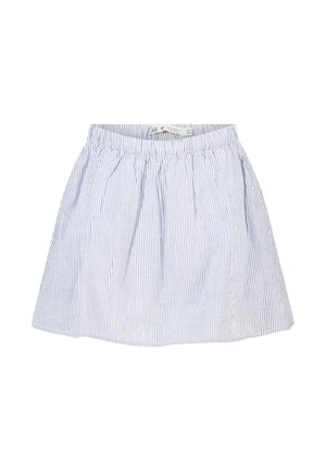 Hellblauer und weißer Rock mit vertikalen Streifen, elastischem Bund und leicht ausgestelltem Saum.