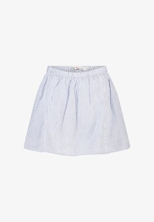 Lichtblauwe en witte rok met verticale strepen, een elastische tailleband en een licht uitlopende zoom.