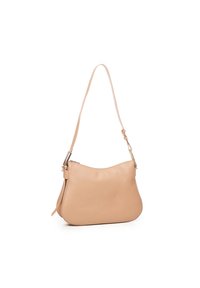 Borsa a mano in pelle beige con una forma curva, tracolla regolabile e superficie testurizzata. Include una chiusura con zip e un branding sobrio.