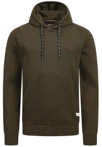 Olivgrüner Hoodie aus strukturiertem Stoff, mit einer Kapuze mit blau-weißen Streifen und einem kleinen Logo auf der Brust.