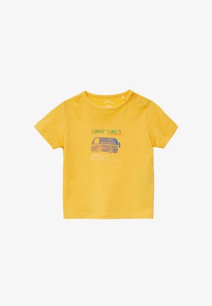 Korte mouwen gele T-shirt van zachte katoen, met de opdruk "SUNNY TIMES" en een grafische afbeelding van een bus. Drukknoopdetail op de schouder.