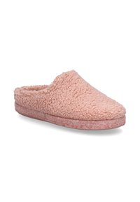 Pantofole rosa morbide senza tacco, con una superficie testurizzata e una suola imbottita. Punta rotonda e senza retro, progettate per comfort e calore.