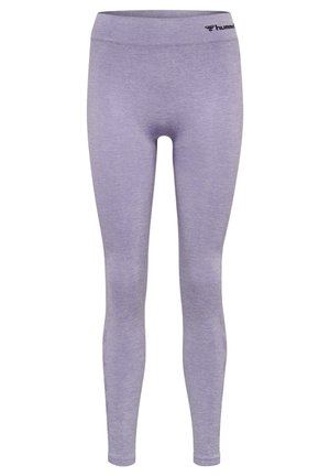 Leggings lilla con una superficie liscia, vita alta e un marchio discreto nella parte superiore. Realizzati in materiale elastico e confortevole.