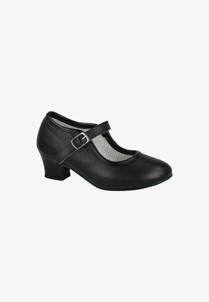 Zapato negro tipo Mary Jane con tacón bajo, correa ajustable con hebilla y forro interior texturizado blanco.