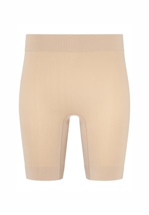 Beige seamless high-waisted compression shorts with mid-thigh length and wide elastic waistband.