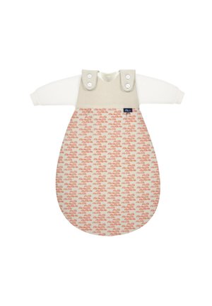 Baby sleeping sack with long white sleeves, beige top with buttoned straps, and pink semi-circle pattern on the sack body.