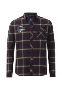 Langärmliges Karohemd in dunklem Burgunderrot und Grün, mit Taschen vorne, Knopfleiste und bestickten Details auf der Brust.