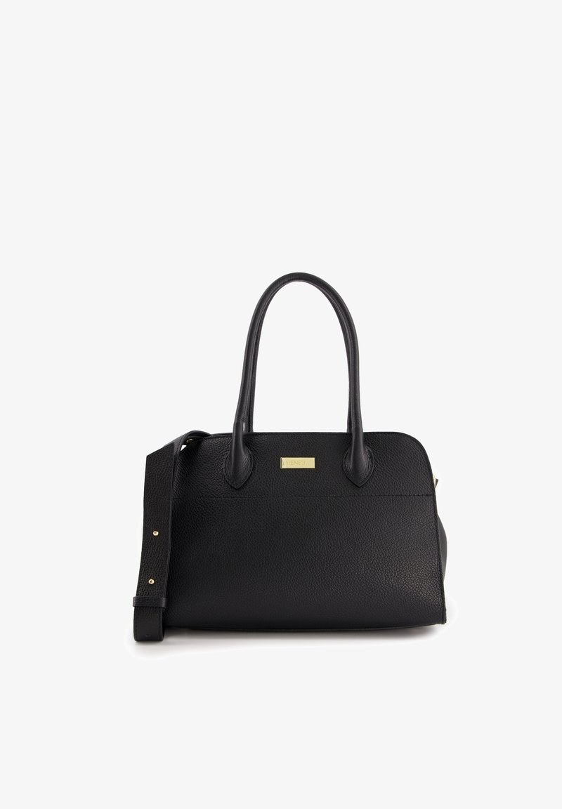 Black leather handbag with smooth texture, dual top handles, a removable shoulder strap, and a gold-tone logo plate on the front.