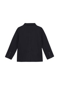 Donkerblauwe blazer, geweven stof, herringbone-patroon, met een notch-kraag, lange mouwen, met vijf knopen bij de manchetten, getailleerde pasvorm.