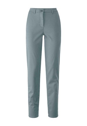 Helle graue Hose aus glattem Stoff mit geradem Beinanschnitt, ausgestattet mit einem Knopfverschluss und einem dezenten vorderen Faltenwurf.