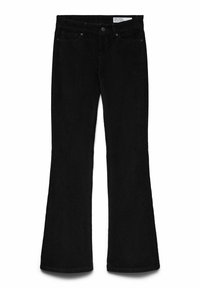 Jeans noirs évasés avec une texture lisse, deux poches avant et une fermeture à bouton unique. Présente une étiquette de marque à l'intérieur de la taille.
