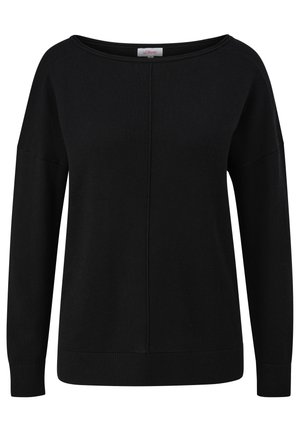 Pull noir à manches longues avec un large col bateau, poignets et ourlet côtelés, présentant un détail de couture central. Texture lisse et douce.