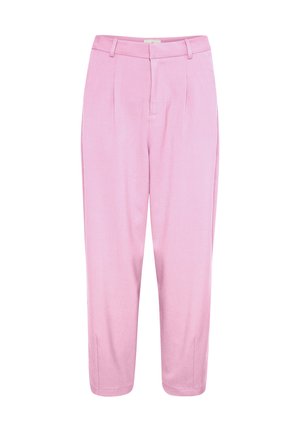 Pantaloni roz la modă, cu talie înaltă, brățări pentru curea, pliuri frontale și tiv până la gleznă.