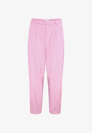 High-waist tailored pink trousers with belt loops, front pleats, and ankle-length hem.