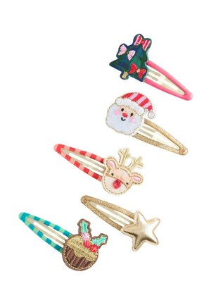 Set of five hair clips featuring festive designs: a Christmas tree, Santa, a reindeer, a pudding, and a star. Colors include pink, green, and gold.