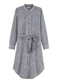 Robe à carreaux dans des tons de gris, avec des manches longues, un devant boutonné, deux poches poitrine, une ceinture à la taille et un ourlet asymétrique.